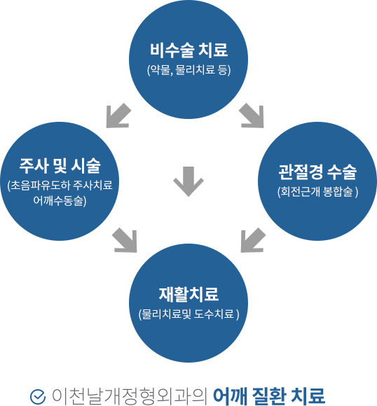 이천날개정형외과의 어깨 질환 치료. 비수술치료(약물, 물리치료 등), 주사 및 시술(초음파유도하 주사치료, 어깨수동술), 관절경수술(회전근개 봉합술), 재활치료(물리치료 및 도수치료)